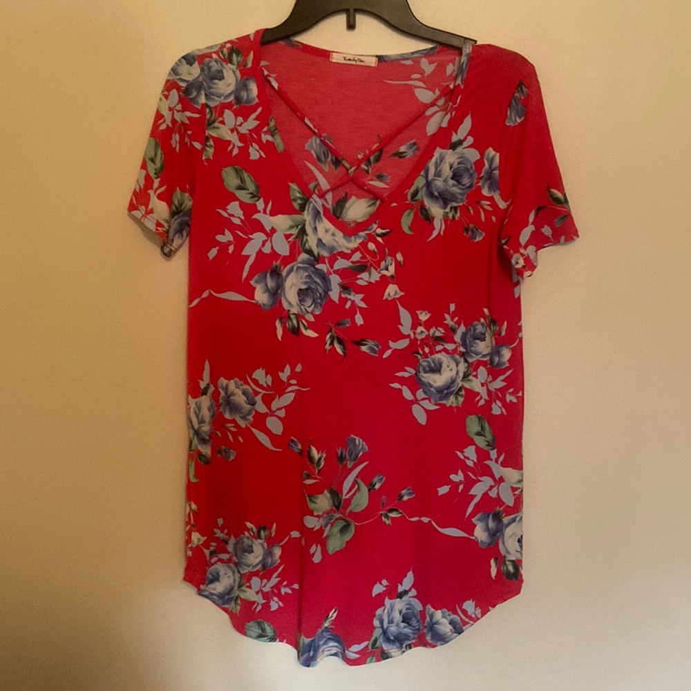 Hot pink and blue flower top